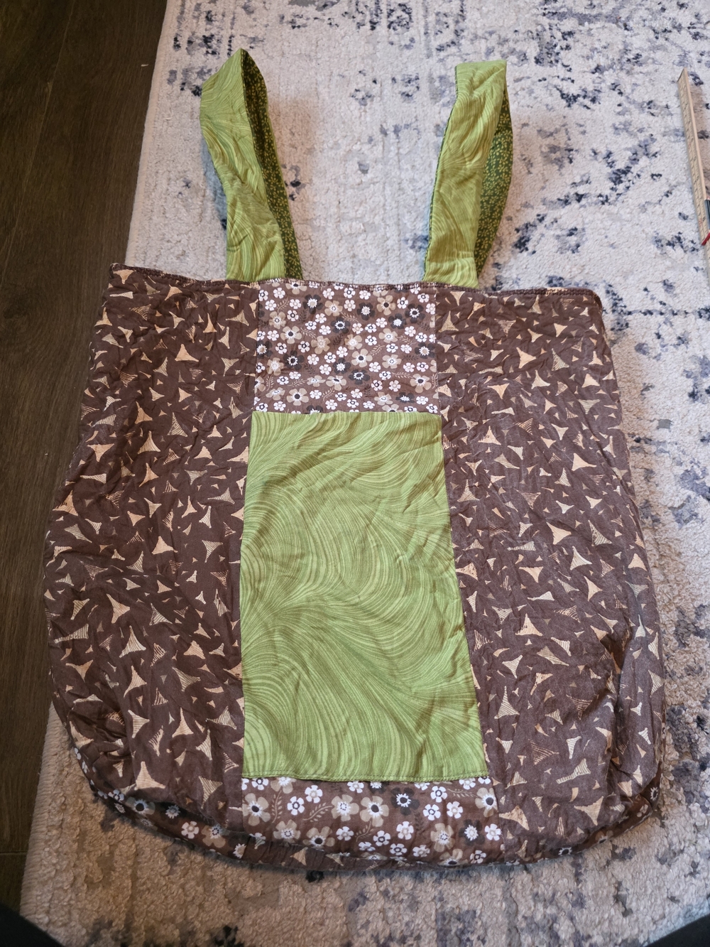 Handmade Green Brown Patchwork Quilted Tote Bag OS Reversible